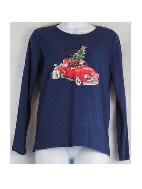 Holiday Lane Women's Petite Long-Sleeve T-Shirt, Blue Christmas Tree Truck, PS